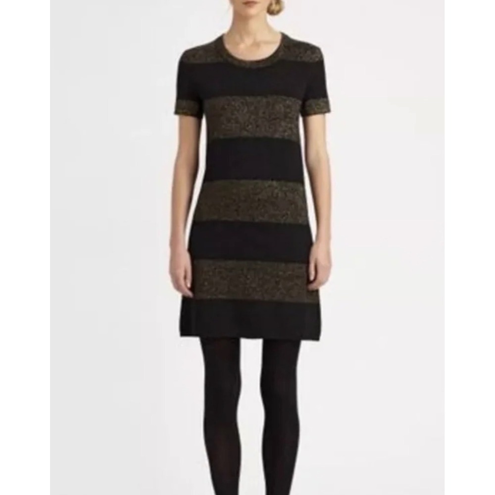 Kate Spade large y2k Black Gold Metallic Striped Wool Sweater Dress party festiv